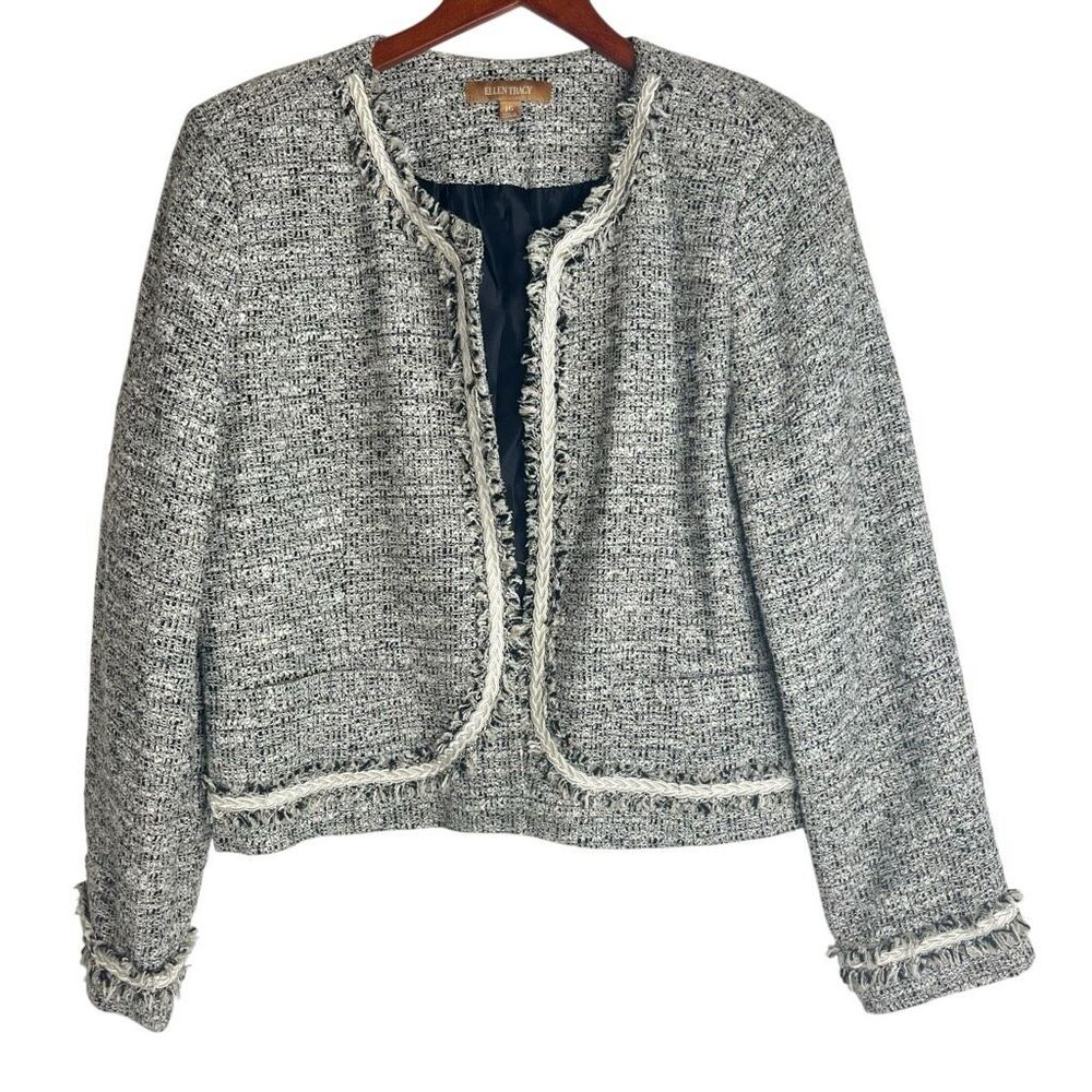 Ellen Tracy Tweed Blazer Jacket & Pencil Skirt Matching Set Gray White Size 16